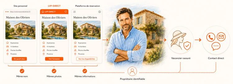 coherence-supports-reservation-directe Schéma montrant la cohérence entre le site personnel, l’annonce LVP-DIRECT et les plateformes de réservation d’un gîte, pour identifier le propriétaire, rassurer le vacancier et faciliter le contact direct.