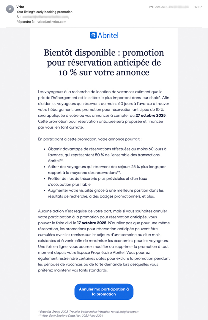 Abritel impose des promo a ses propriétaires