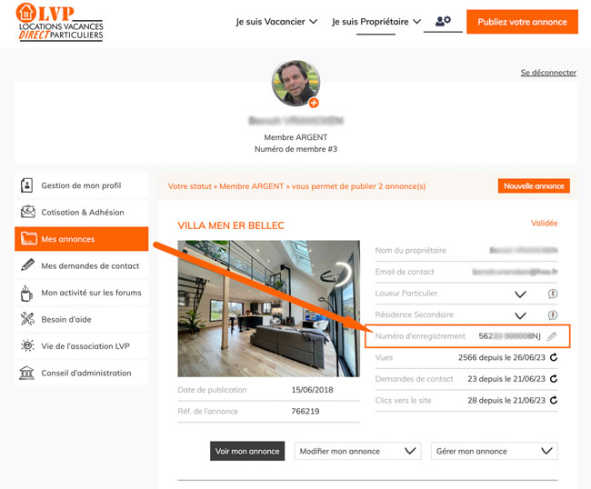 espace-membre-LVP-numero-enregistrement numéro enregistrement location de vacances-LVP DIRECT