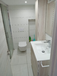 salle de bains avec grande douche à gauche, 1 lavabo vasque à droite, wc au fond
