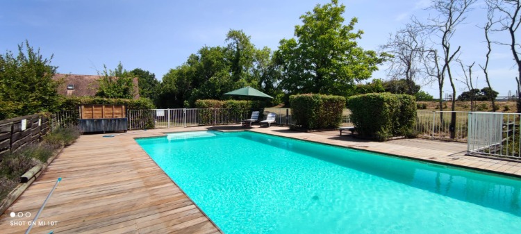 La grande piscine (6x12) sécurisée et privatisée est située devant le gîte.