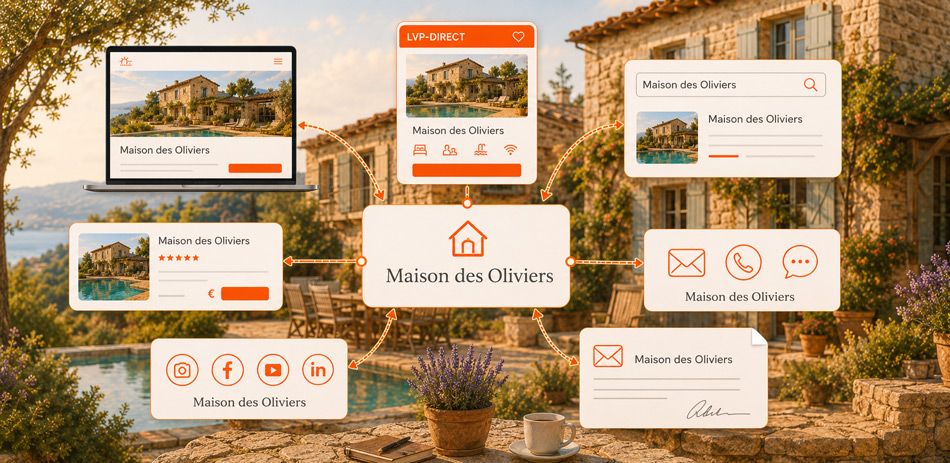Nom-du-gite-visibilite Schéma montrant le même nom de gîte, Maison des Oliviers, utilisé sur le site personnel, LVP-DIRECT, les plateformes de réservation, Google, les réseaux sociaux et les supports de contact.