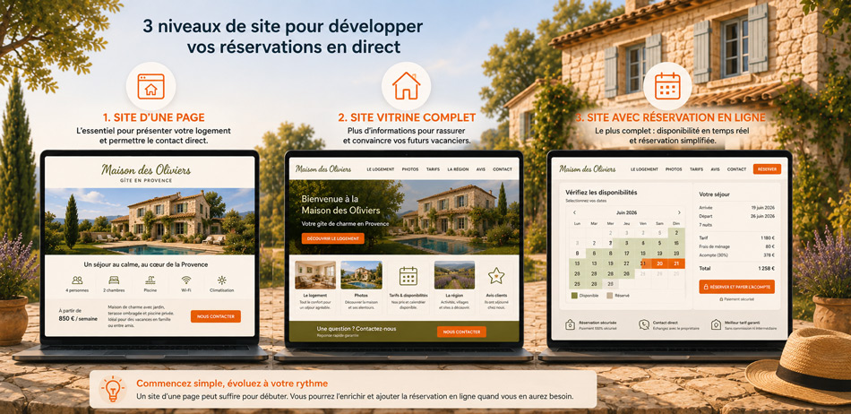 Quel-niveau-de-site-choisir-pour-son-gite Comparaison de trois niveaux de site internet pour un gîte : site d’une page, site vitrine complet et site avec réservation en ligne, illustrés par trois ordinateurs.
