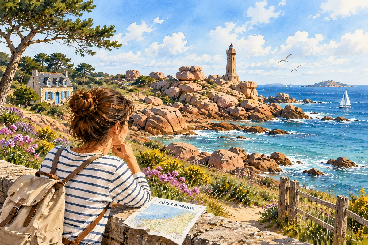 Paysage côtier des Côtes-d’Armor en Bretagne nord, inspiré de la Côte de Granit Rose