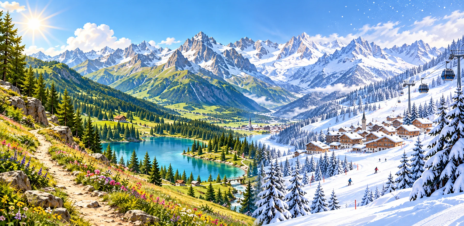 Paysage de montagne comparant les alpages et un lac en été à une station enneigée en hiver