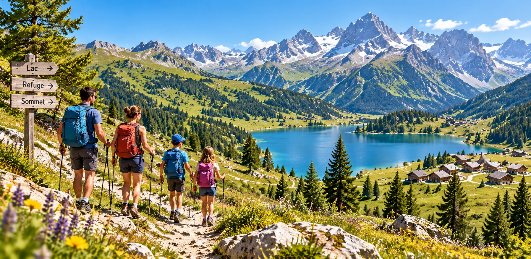 Famille en randonnée dans les Alpes en été avec lac, alpages et sommets en arrière-plan