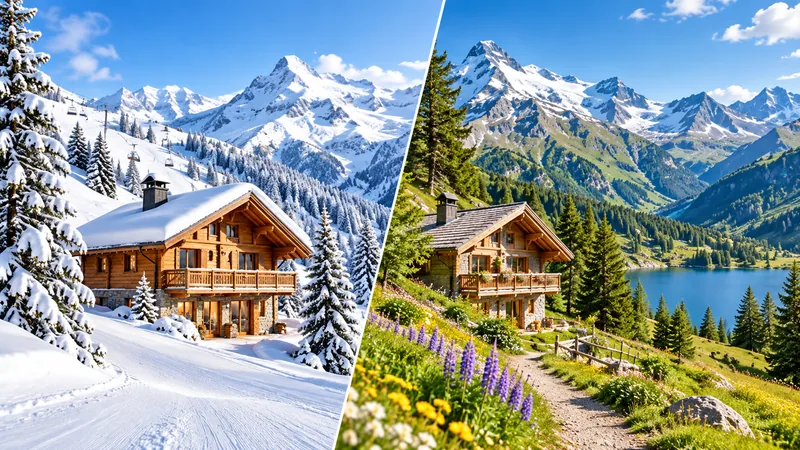 Chalet à la montagne entre paysage enneigé en hiver et alpage en été