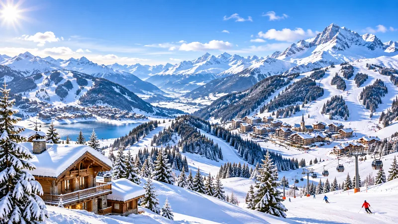 Paysage de station de ski au cœur de montagnes enneigées