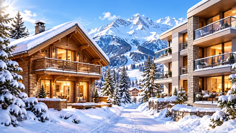 Chalet et résidence d’appartements dans une station de ski enneigée