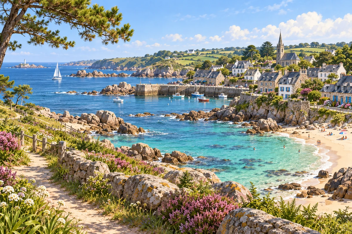 Illustration d’une baie bretonne avec plage, rochers et village côtier.