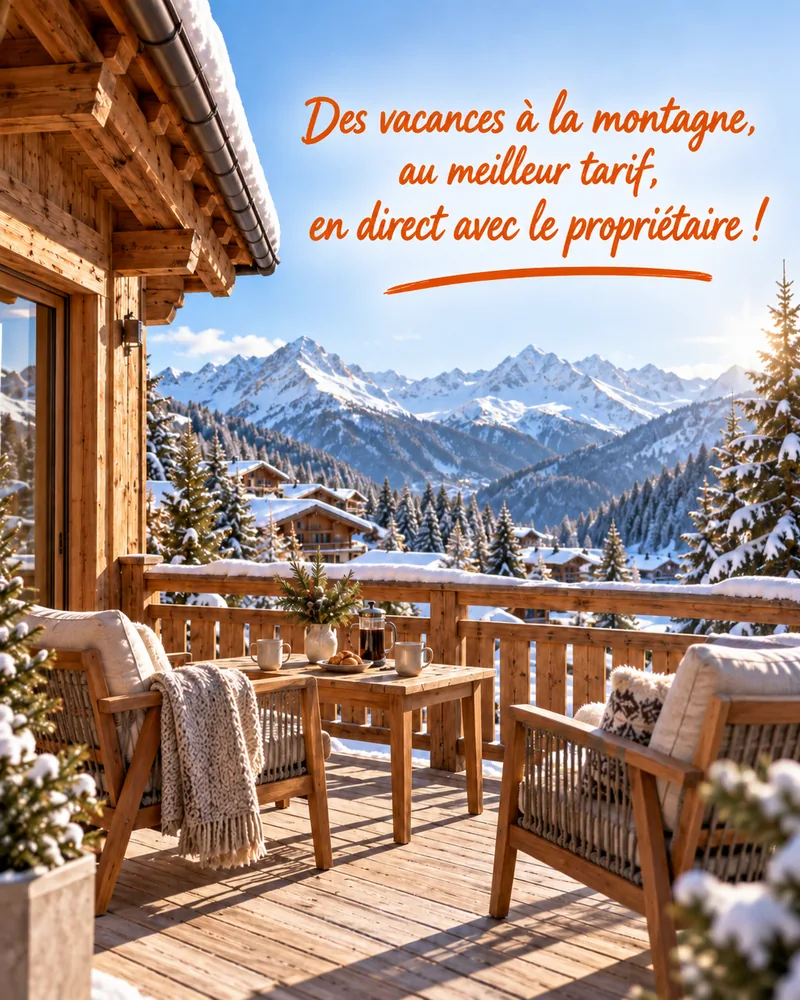 Terrasse de chalet à la montagne avec vue sur les sommets enneigés