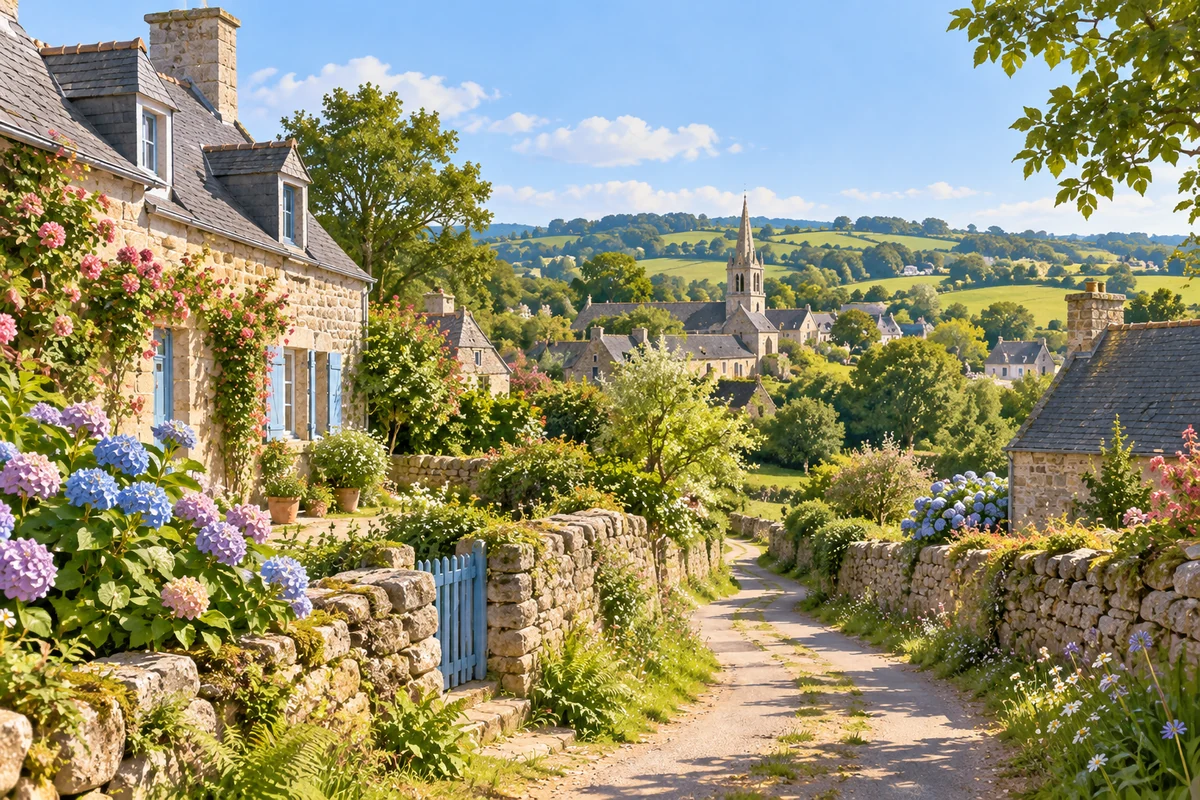 Illustration d’un village de pierre fleuri dans la campagne bretonne.